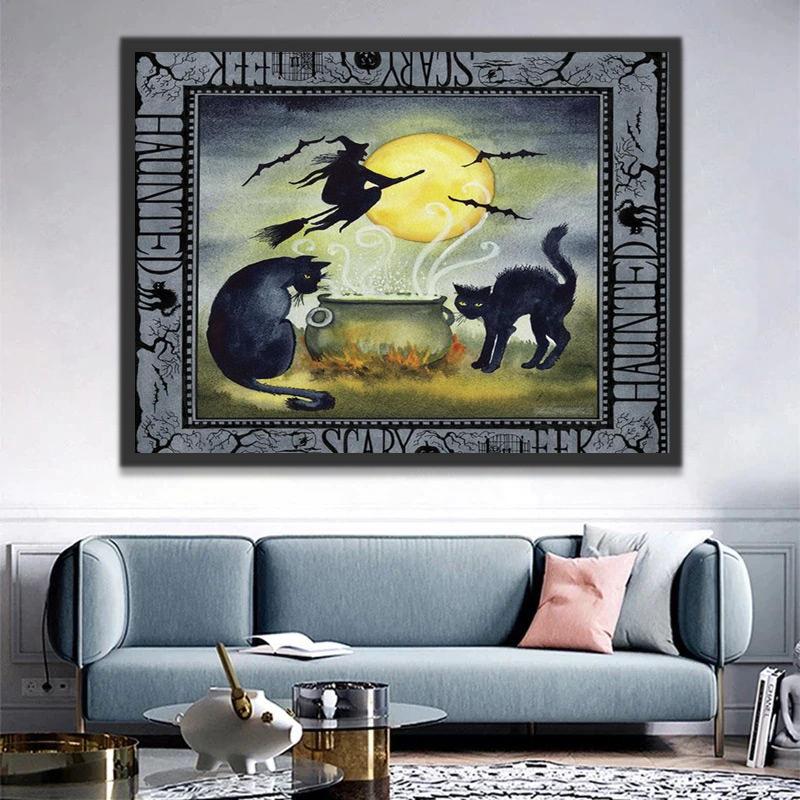 Chats Noir et Sorcière avec Creuset Halloween Peinture par Numéros