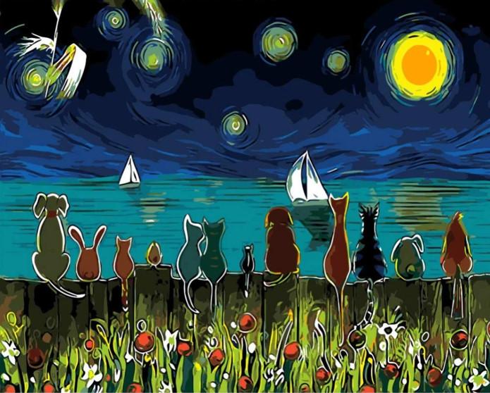 Chats sous la Nuit Etoilée Peinture par Numéros