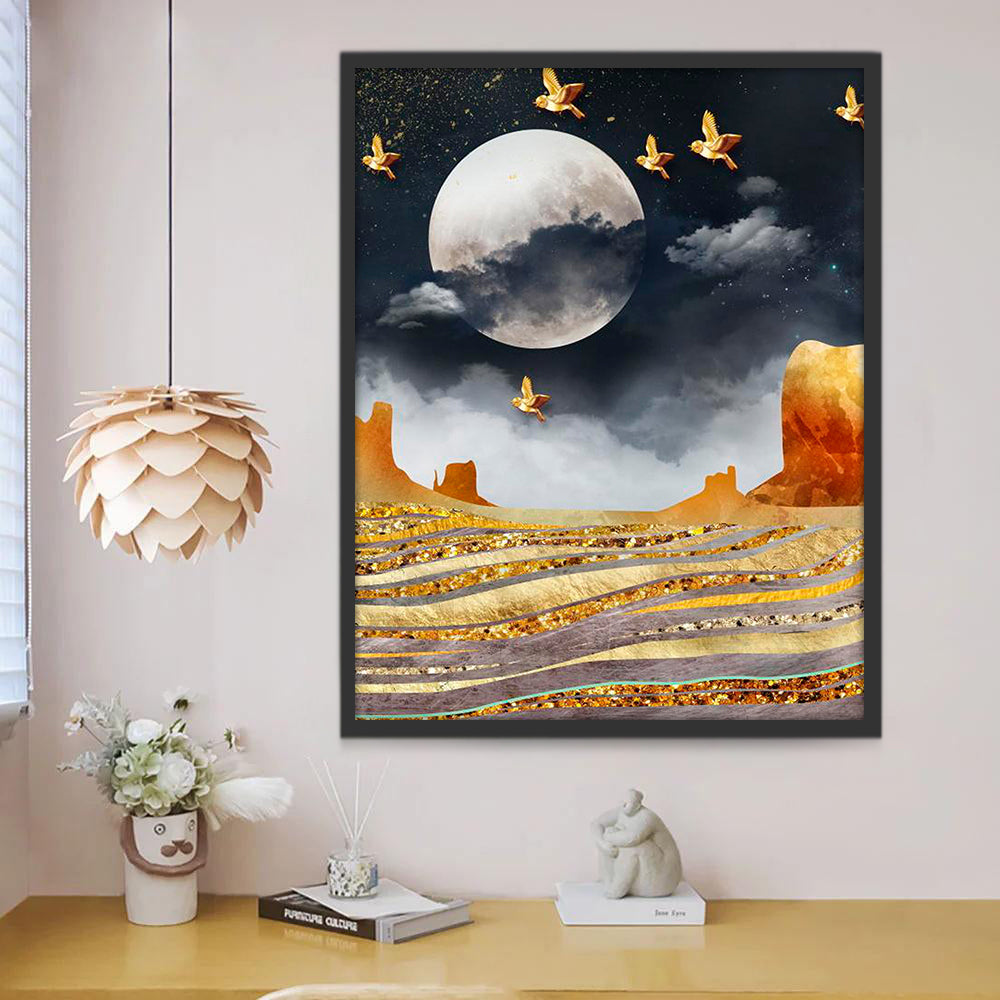 Chemin Doré, Oiseaux Volant et Pleine Lune Peinture par Numéros