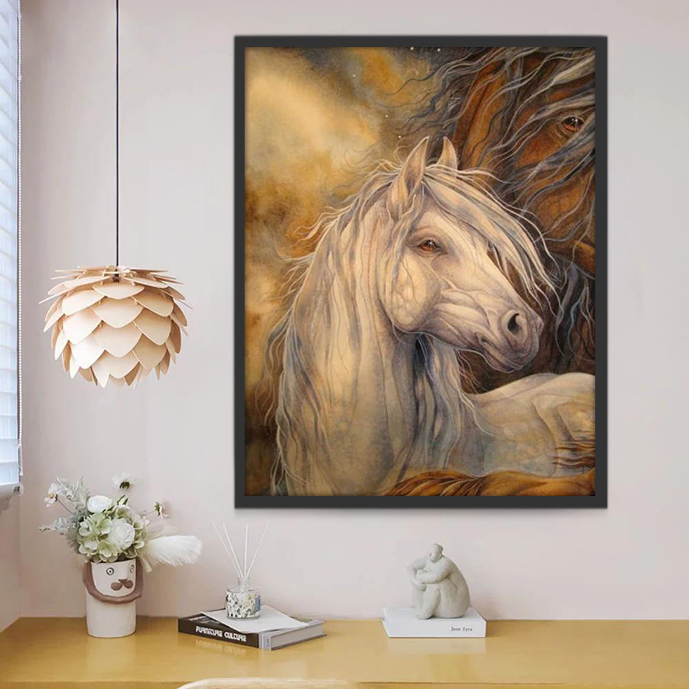 Cheval Blanc et Cheval Brun avec le Ciel Etoilé Peinture par Numéros