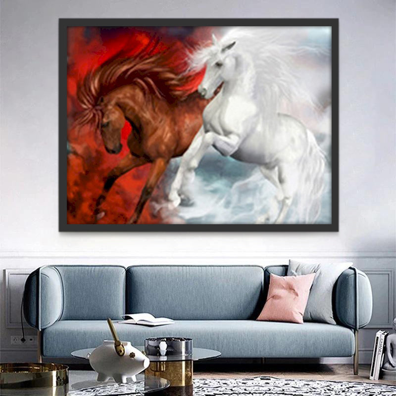 Cheval Blanc et Cheval Brun Peinture par Numéros