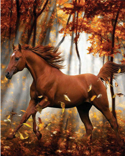 Cheval Brun Courant et les Feuilles d'Automne Peinture par Numéros