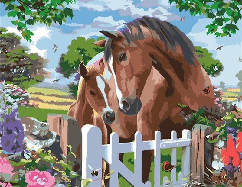 Cheval Brun et Son Bébé Blottis Peinture par Numéros