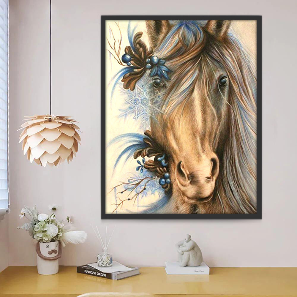 Cheval et Fleurs Bleues Peinture par Numéros