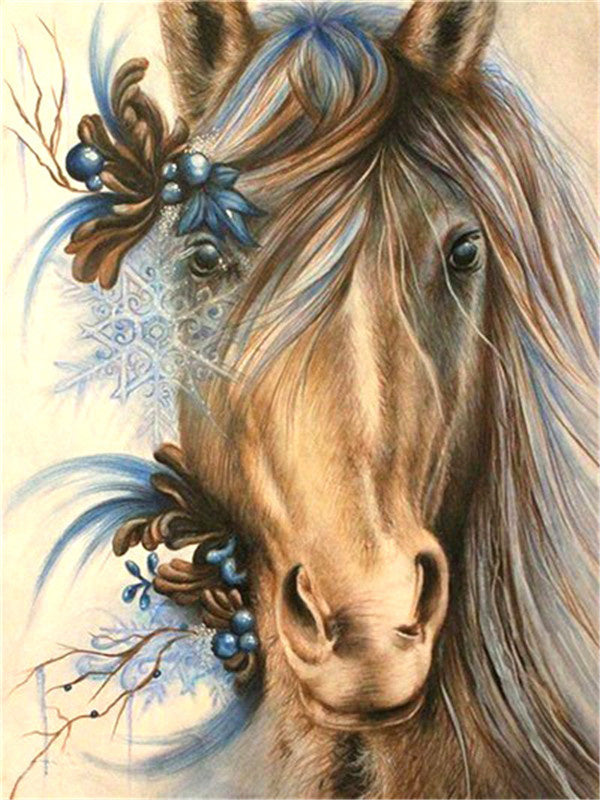 Cheval et Fleurs Bleues Peinture par Numéros