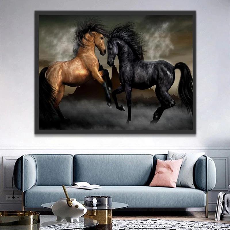 Cheval Marron et Cheval Noir Peinture par Numéros