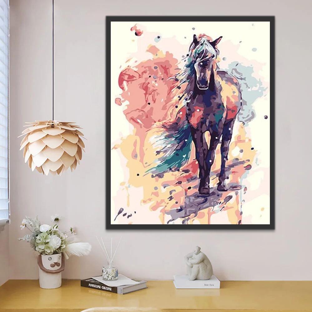 Cheval Noir et Fumée Colorée Peinture par Numéros