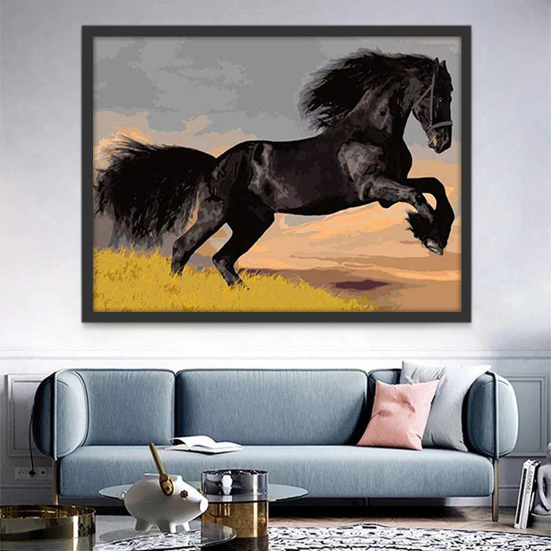 Cheval Noir et les Herbes Jaunes Peinture par Numéros
