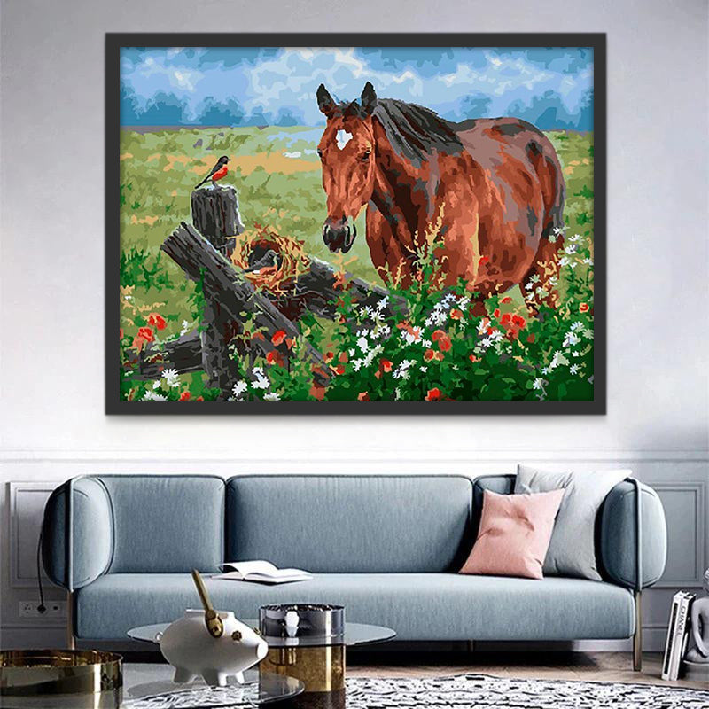 Cheval Roux et Oiseau Peinture par Numéros
