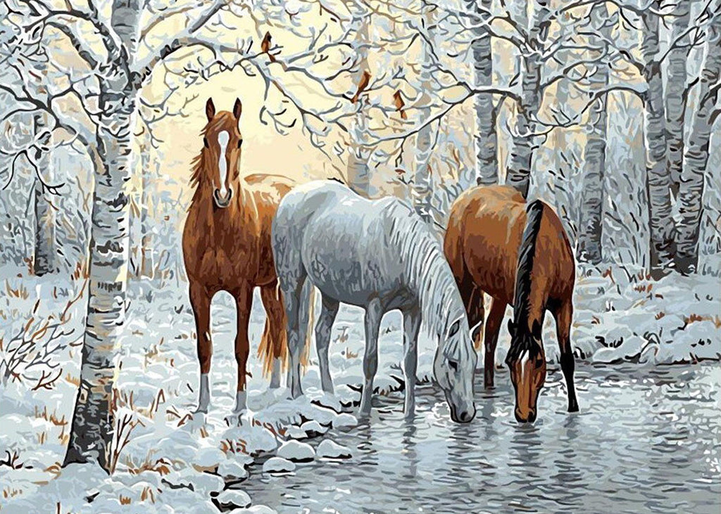 Chevaux au Bord du Ruisseau en Hiver Peinture par Numéros
