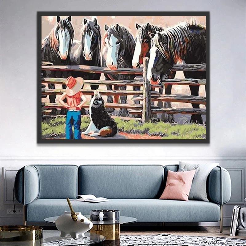Chevaux et Leur Jeune Maîtresse Peinture par Numéros
