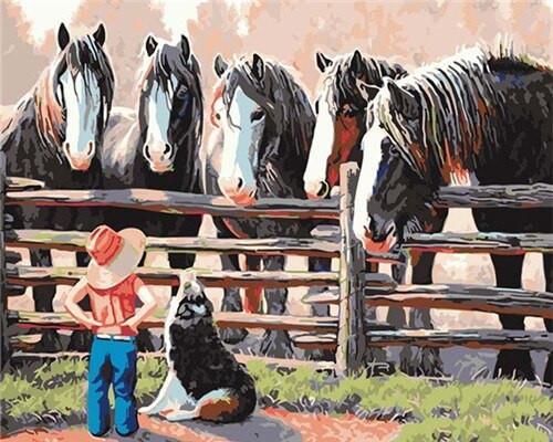 Chevaux et Leur Jeune Maîtresse Peinture par Numéros