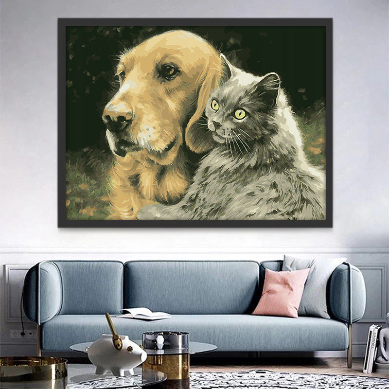 Chien British Shorthair et Golden Retriever Peinture par Numéros