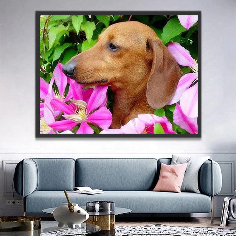 Chien Teckel au Milieu des Fleurs Peinture par Numéros
