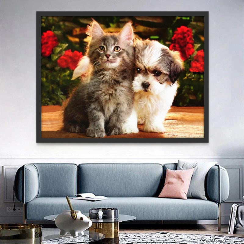 Chiot et Chat Blottis Peinture par Numéros