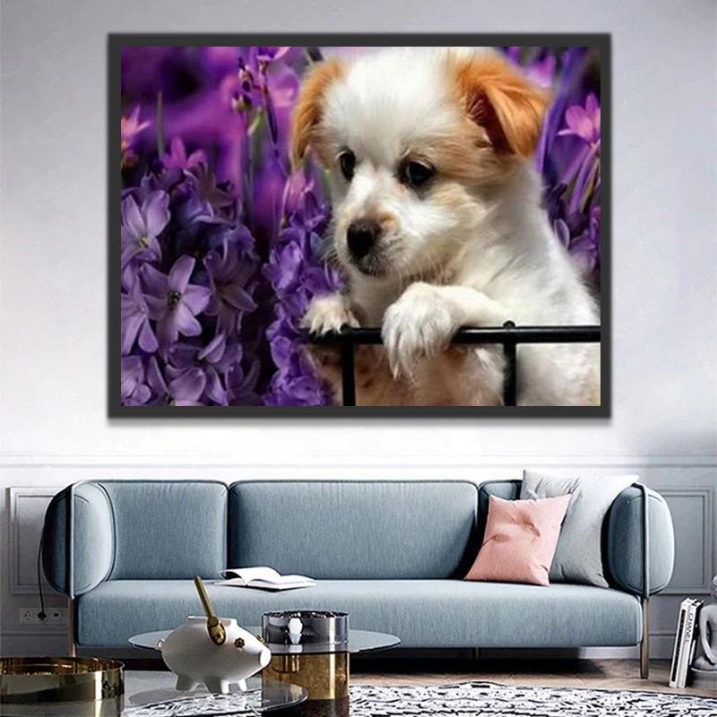 Chiot et Fleurs Violettes Peinture par Numéros