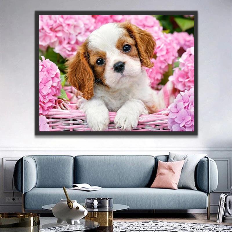 Chiot et les Fleurs Roses Peinture par Numéros