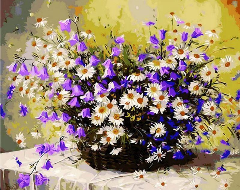 Chrysanthème Blanc et Fleurs Violettes Peinture par Numéros