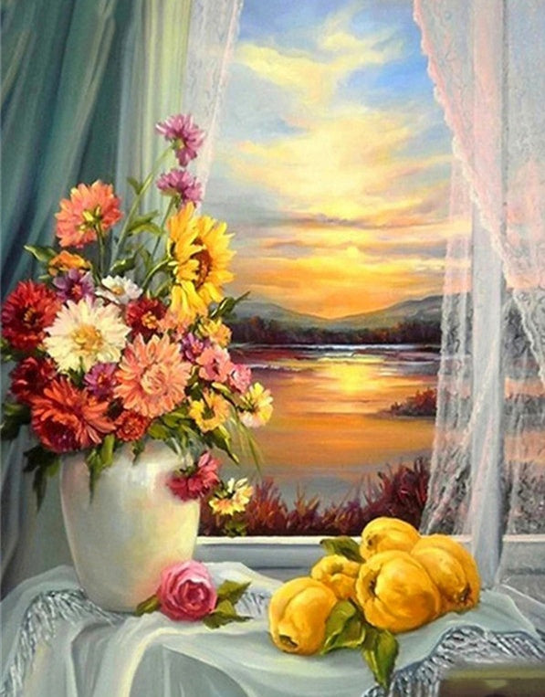 Chrysanthèmes et Paysage Naturel Peinture par Numéros