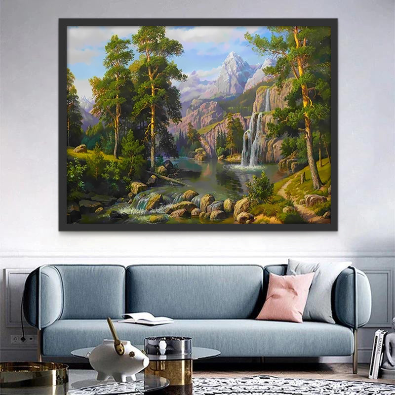 Chute d'Eau et Sapins Peinture par Numéros