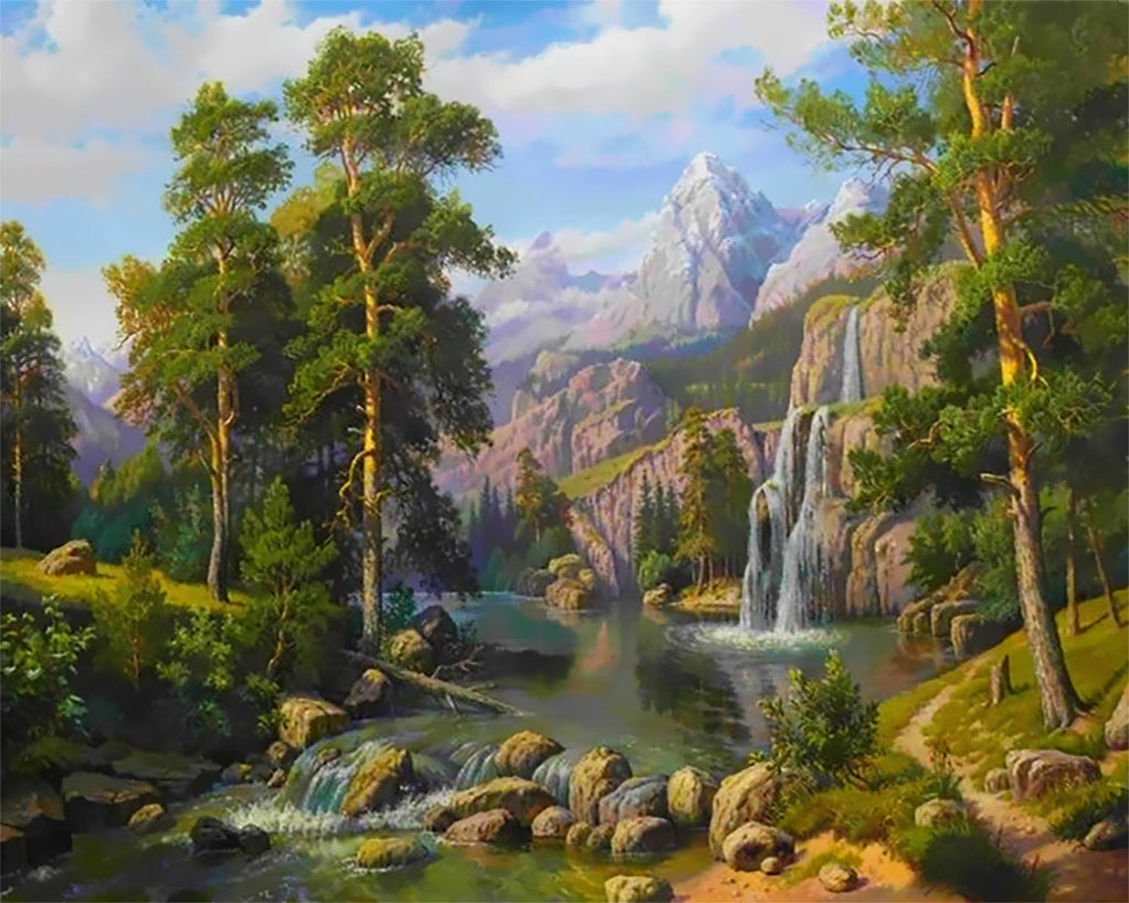Chute d'Eau et Sapins Peinture par Numéros