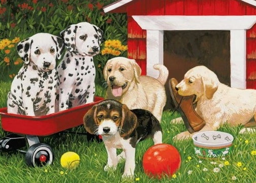 Cinq Chiots Jouant Peinture par Numéros