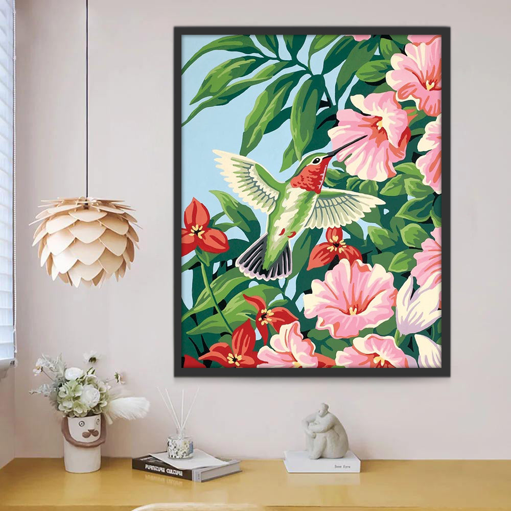 Colibri Vert et Ipomées du Nil Roses Peinture par Numéros