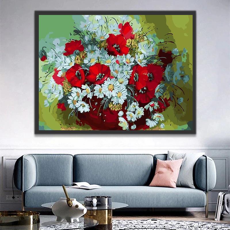 Coquelicots Rouges et Marguerites Bleues Peinture par Numéros