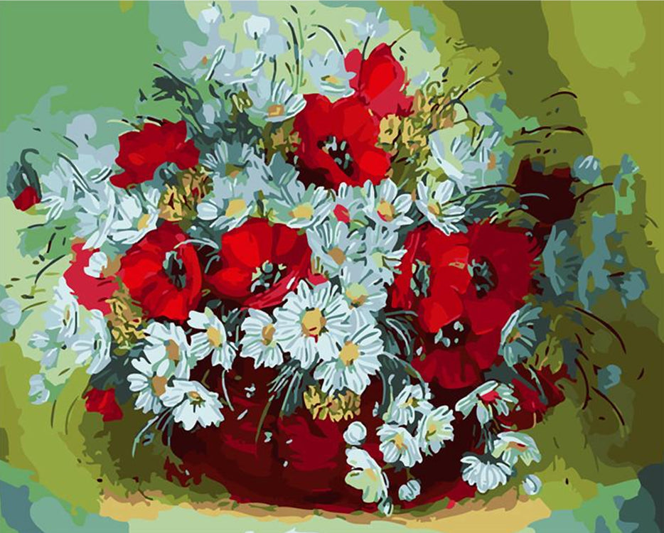 Coquelicots Rouges et Marguerites Bleues Peinture par Numéros