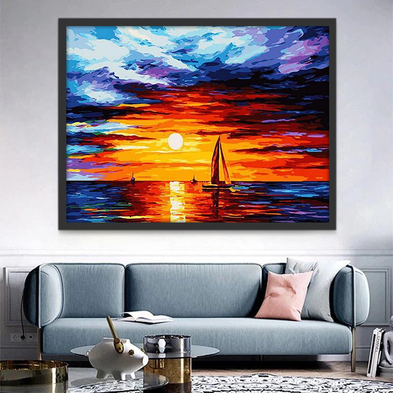 Coucher de soleil et voilier Peinture par Numéros