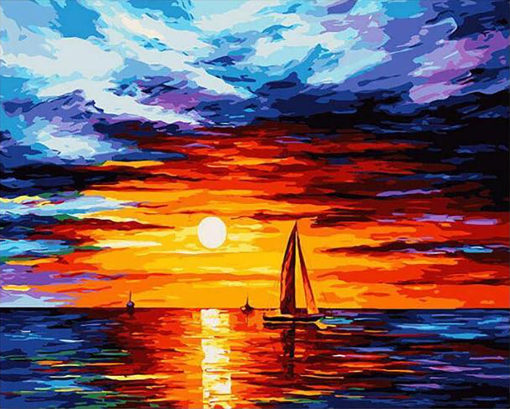 Coucher de soleil et voilier Peinture par Numéros