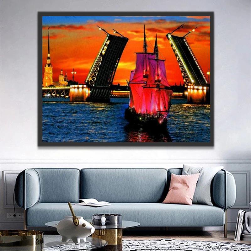 Coucher de Soleil Rougeoyant et Pont Suspendu Peinture par Numéros