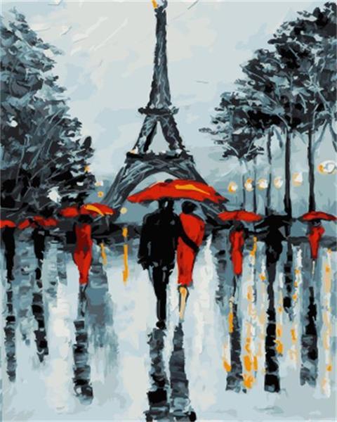 Couple avec Parapluie Rouge et Eiffel Peinture par Numéros