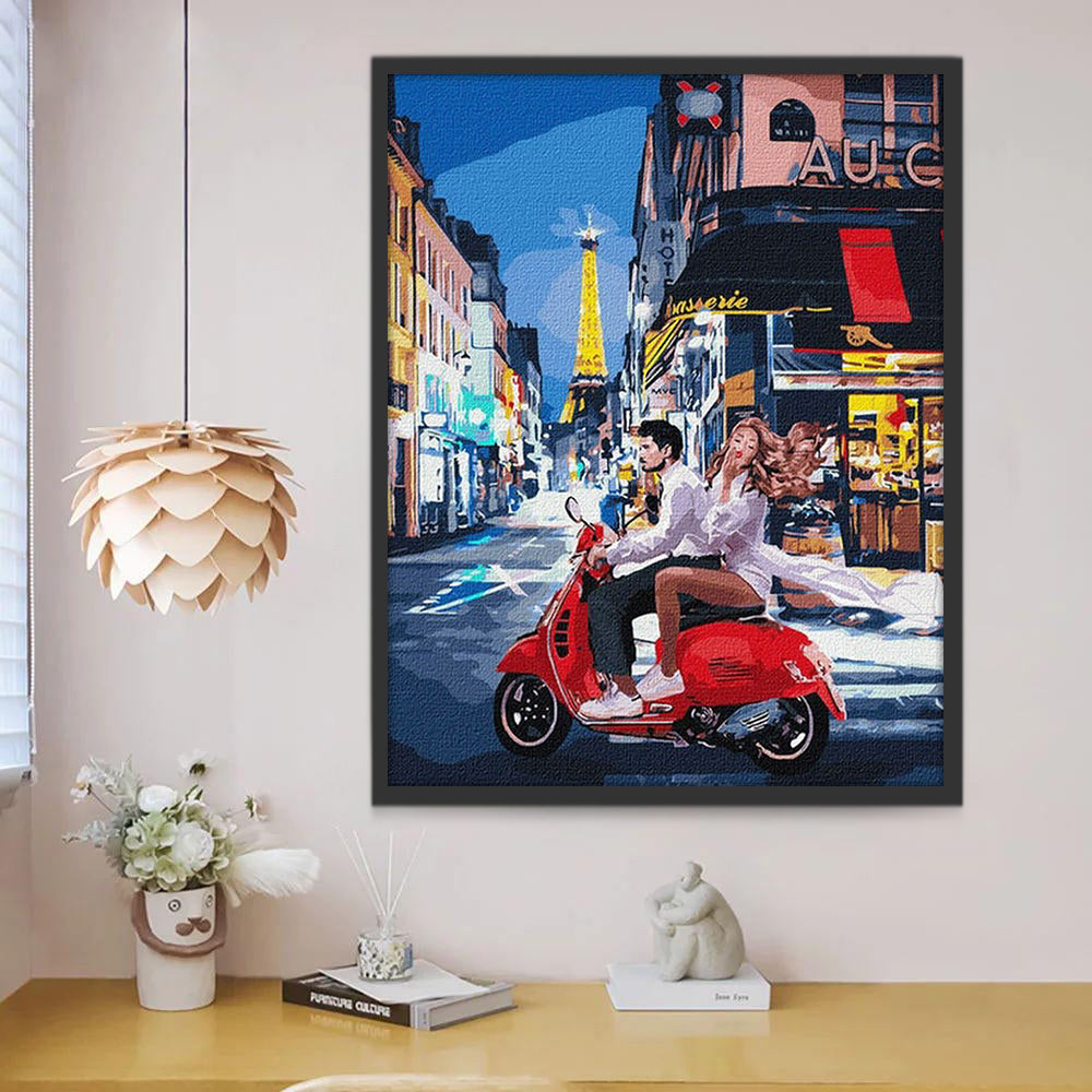 Couple d'Amoureux sur Une Moto à Paris Peinture par Numéros