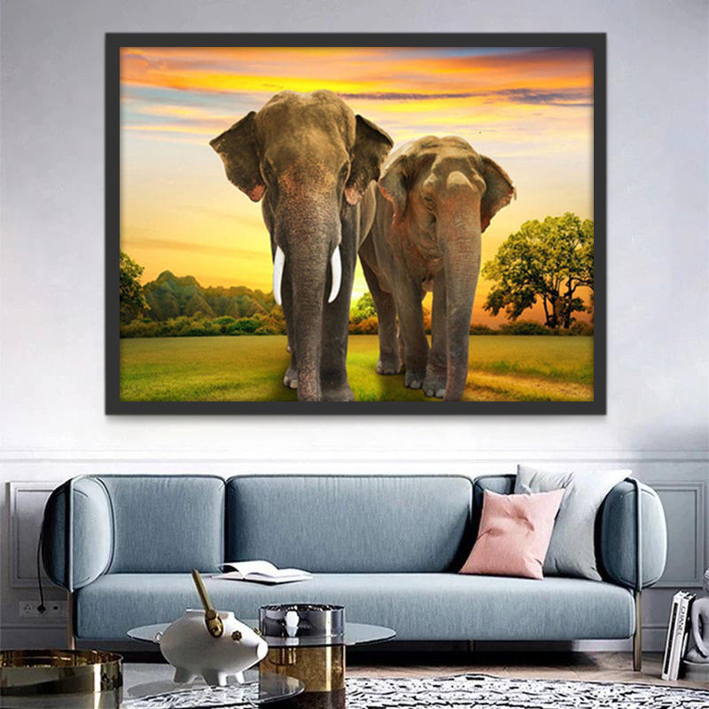 Couple d'Éléphant et Soleil Couchant Peinture par Numéros