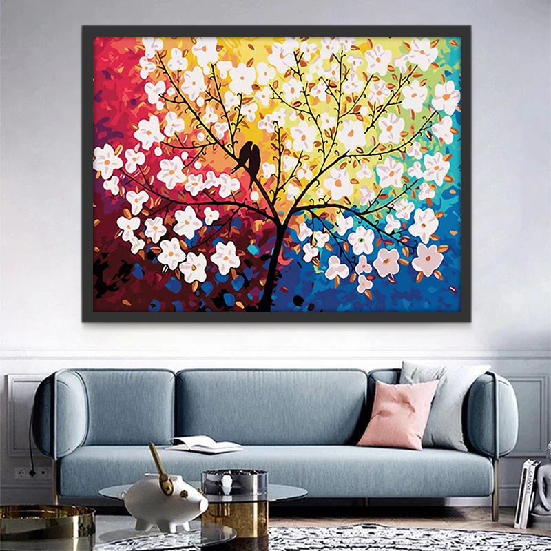 Couple d'Oiseaux et Arbre de Fleurs Peinture par Numéros