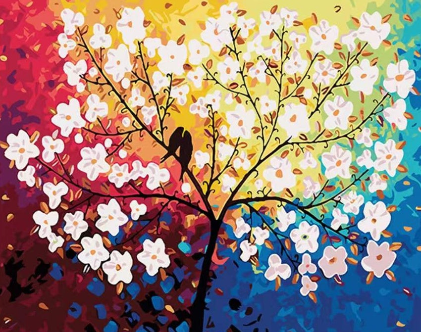 Couple d'Oiseaux et Arbre de Fleurs Peinture par Numéros