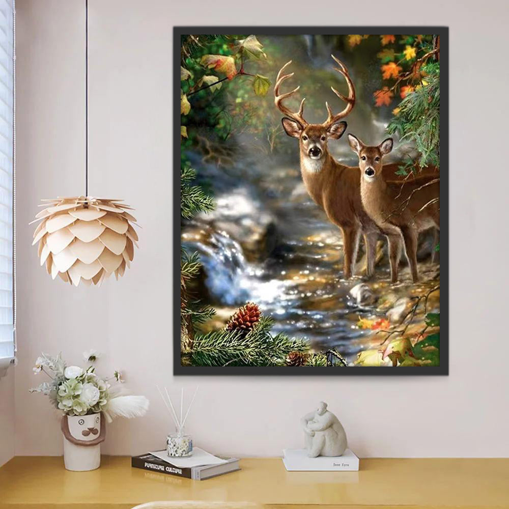 Couple de Cerfs au Bord du Ruisseau Peinture par Numéros