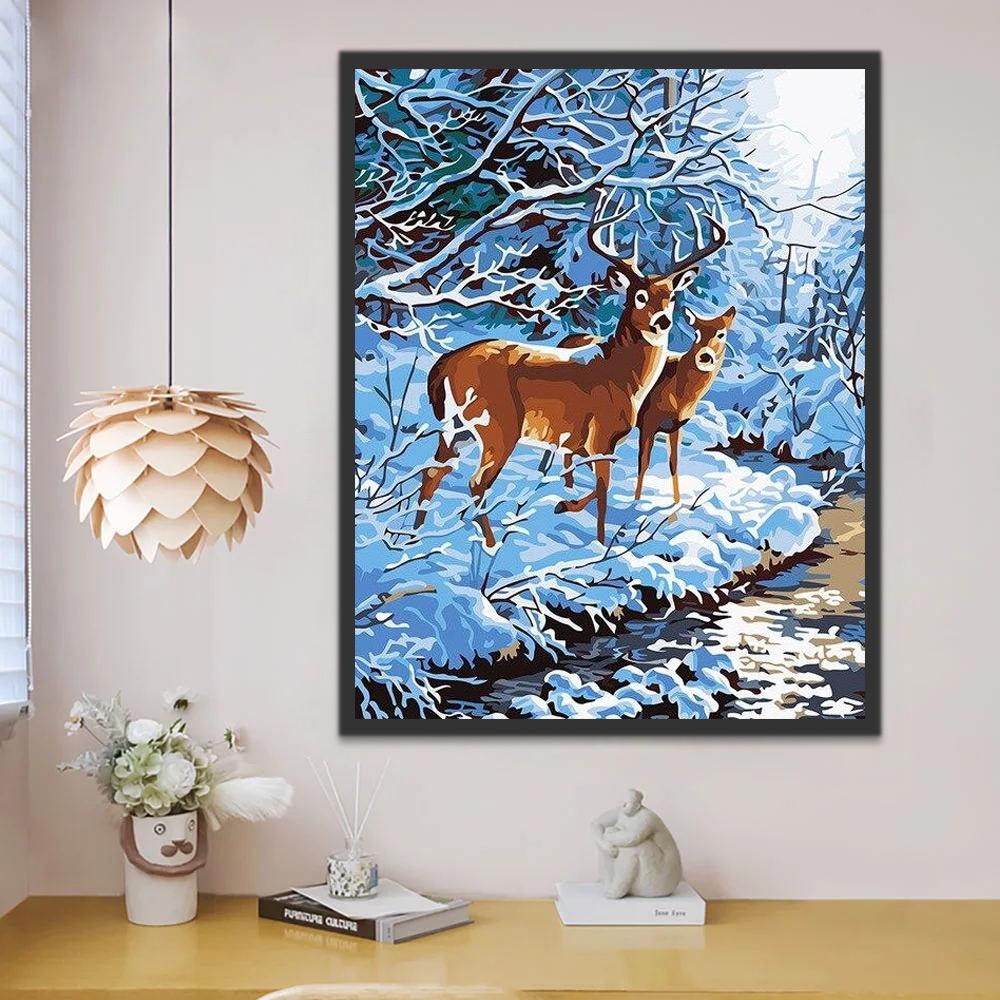 Couple de Cerfs en Hiver Peinture par Numéros