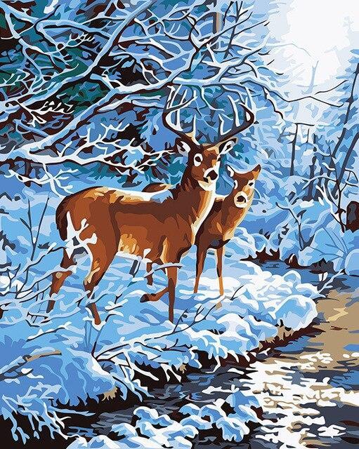 Couple de Cerfs en Hiver Peinture par Numéros