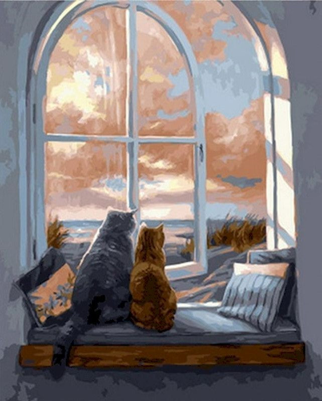 Couple de Chat devant la Fenêtre Peinture par Numéros