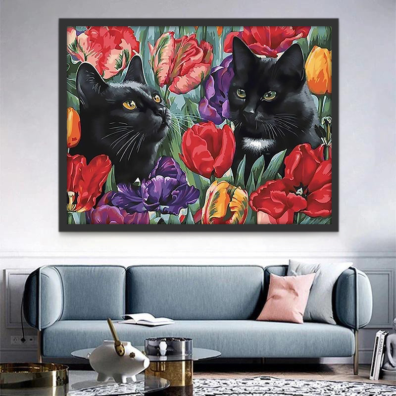 Couple de Chat Noir dans les Tulipes Peinture par Numéros