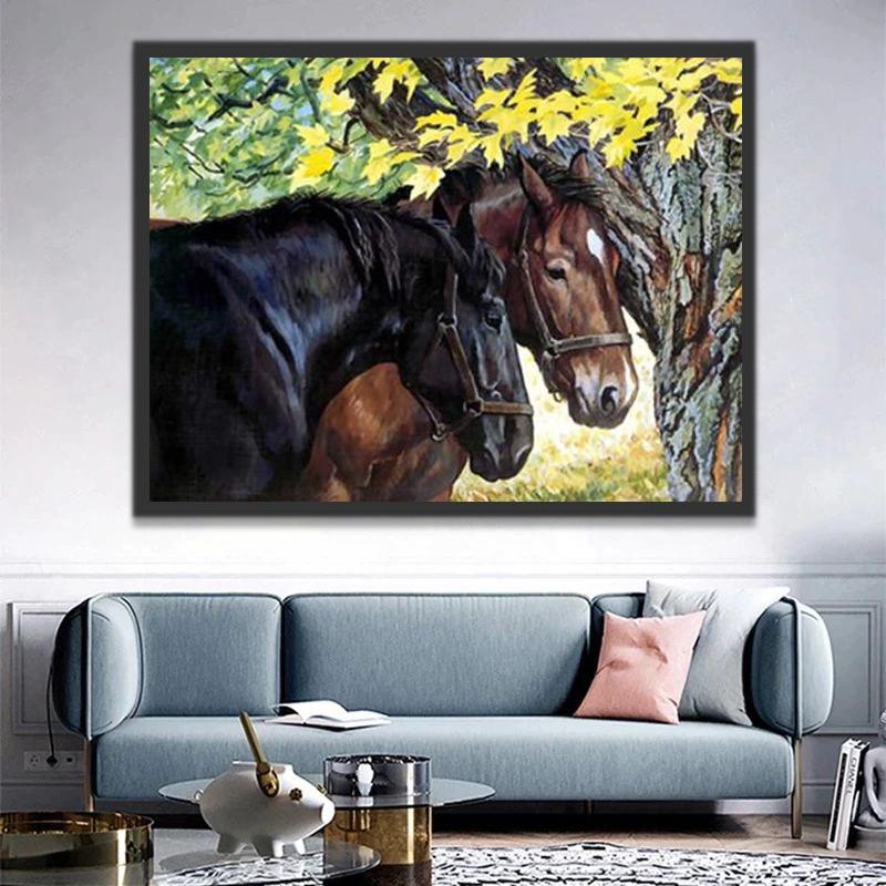 Couple de Chevaux et l'Arbre Peinture par Numéros