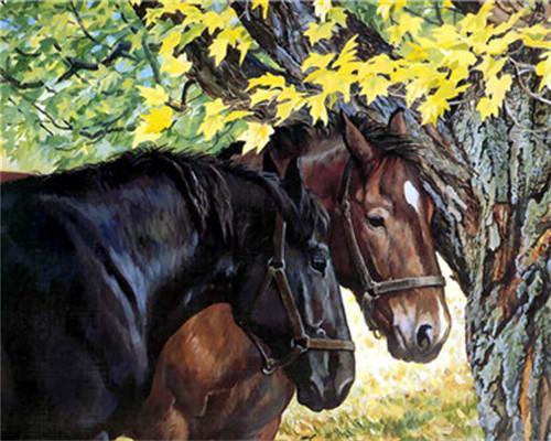 Couple de Chevaux et l'Arbre Peinture par Numéros
