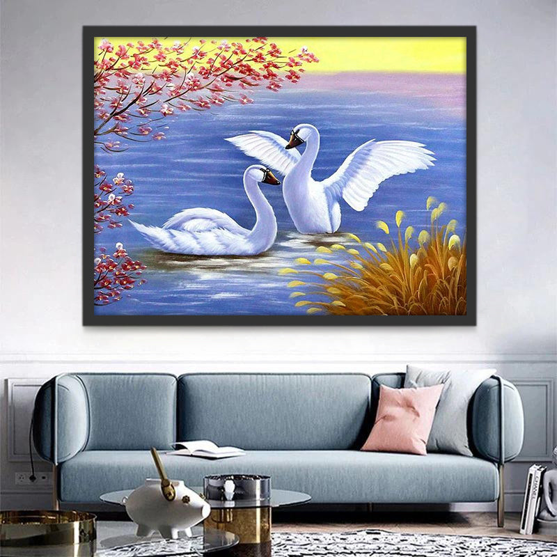 Couple de Cygnes Blancs Peinture par Numéros