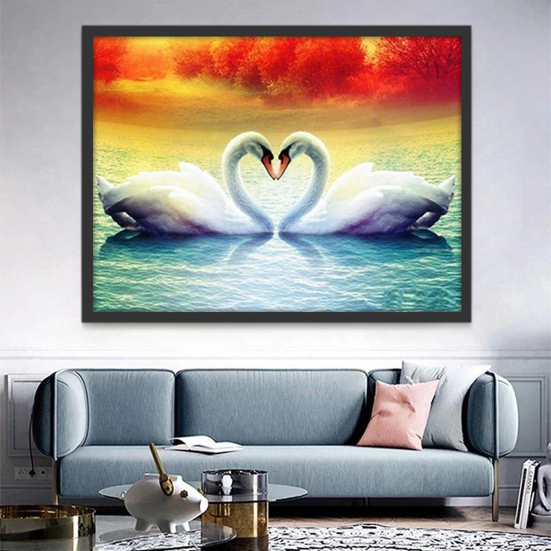 Couple de Cygnes et les Nuages Rouges Peinture par Numéros