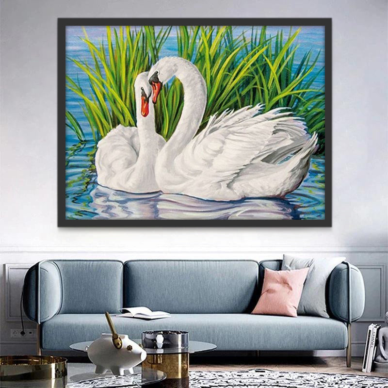 Couple de Cygnes et l'Herbes dans l'Eau Peinture par Numéros