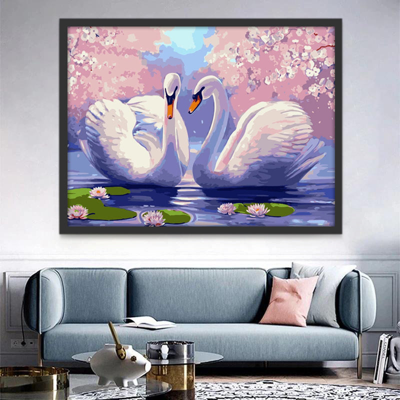 Couple de Cygnes et Lotus Peinture par Numéros