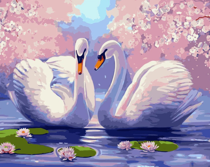 Couple de Cygnes et Lotus Peinture par Numéros
