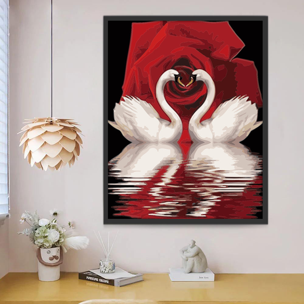 Couple de Cygnes et Rose Rouge Peinture par Numéros